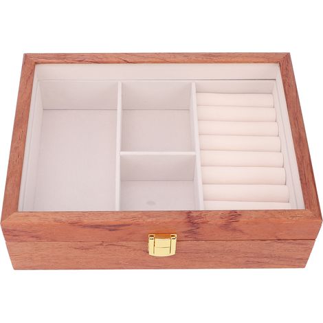 Coffret à bijoux à couvercle rabattable, boîte de rangement pour boucles d'oreilles, colliers, bagues et autres bijoux, coffret à bijoux 3+1 en palissandre (1/5)