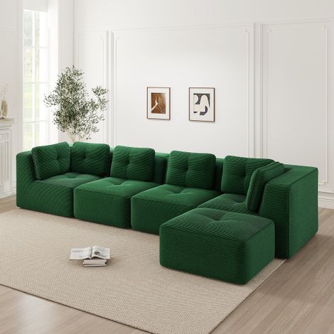 Modulares Wohnzimmersofa ohne Gestell, ein bequemes Viersitzer-Sofa mit tiefer Sitzfläche, weichen Kissen und Cordbezug, kein Aufbau erforderlich und mit rutschfestem Design,Grün 
WL