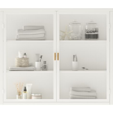 Meuble de rangement mural à 2 portes, 3 niveaux avec étagères amovibles, en métal et verre trempé blanc, fixation murale ou pose libre, pour entrée, salon, salle de bains – CHICFURN (1/5)