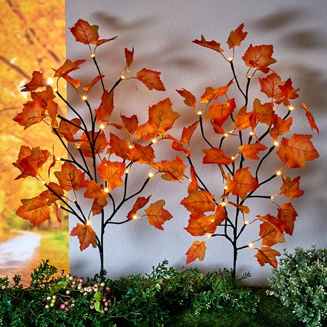LED Garten Stecker Herbstlaub warm weiß - 2er Set - Outdoor Deko Beleuchtung Baterie betrieben mit Timer