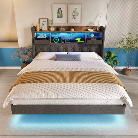 Cama tapizada de lino gris 140x200 cm con LED, cabecero con almacenaje, USB/Type-C, somier y colchón incluidos (1/5)