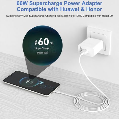 Chargeur USB C 66W Supercharge Compatible avec Huawei Honor 90 80 Pro 70 Lite 400 200 100 X9 X8 X7 Magic 7 6 5 V5 V3 Vs Vs2 Pad Mate Pura Nova Série Bloc d'Alimentation Rapide Adaptateur Câble (1/4)