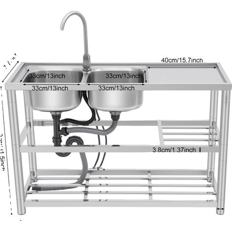 Évier autoportant, en acier inoxydable, double cuve, Argent (1/2)