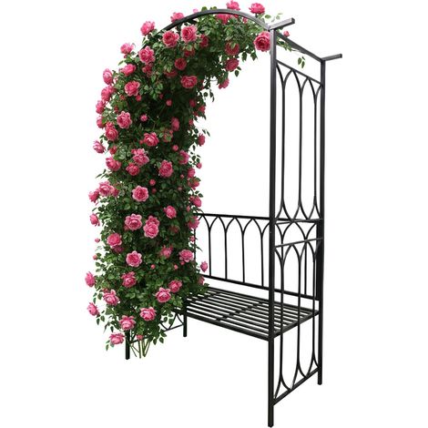 Relaxdays Rosenbogen mit Bank, Torbogen Garten, HBT: 210 x 134 x 48 cm, Rankbogen für Kletterpflanzen, Metall, schwarz
