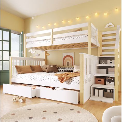 Lit superposé en pin blanc et naturel 90x200 / 140x200 cm avec tiroirs de rangement, sans matelas (1/5)