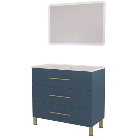 ONDEE ZEN - Meuble à poser MONACO - Dim 90cm - Bleu Minéral - Mir ATHENA - Poignées Dorées (1/3)