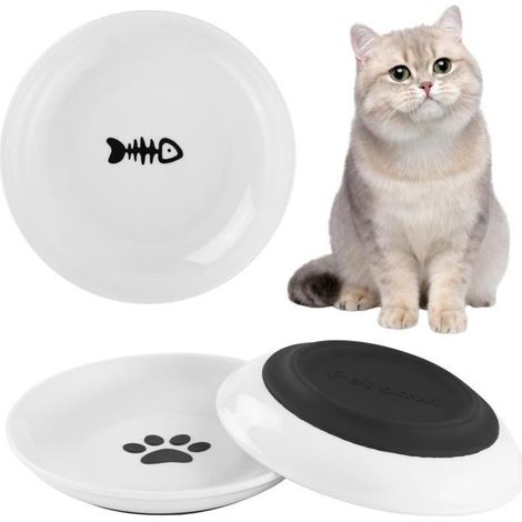 3-teiliges Keramik-Katzennapf-Set, Katzennapf mit rutschfestem Silikonboden, Katzenpfotenabdruck und kleinem Fischmotiv (1/4)