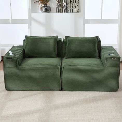 Divano modulare 2 posti in corduroy verde con portabicchieri e tasche DESVIAE (1/5)