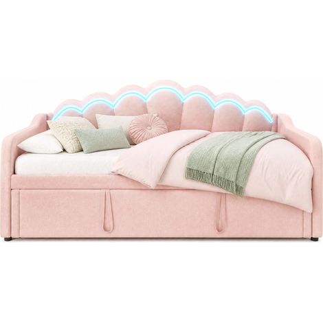 Divano letto estraibile in velluto rosa con LED colorati, letto singolo e matrimoniale 90x200 cm, struttura MDF, senza materasso CHICFURN (1/5)