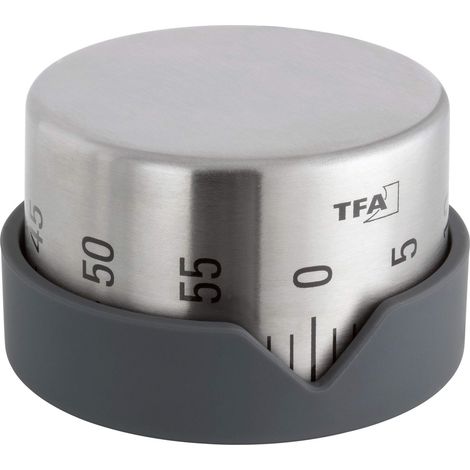 TFA Dostmann Timer da cucina analogico DOT, 38.1027.10, a regolazione continua, 0-60min, allarme acustico, in acciaio inox, grigio