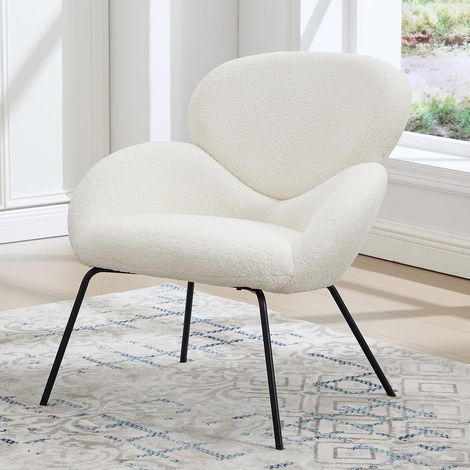 Wahson Accent Chair Faux Fur Upholstered Modern Leisure Armchair Simple Occasional Tub Chair with Black Metal Legs for Bedroom Living Room, White