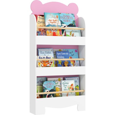 Bibliothèque enfant 3 étagères forme ours barrières avant design sécurisé compact chambre salon, 55x15x110 cm, rose (1/5)