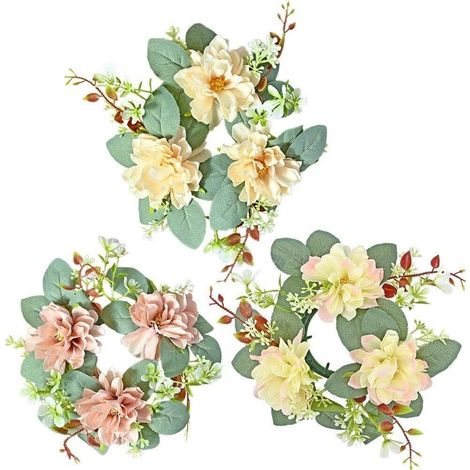 Set of 3 decorative candle rings – artificial flowers, wreaths for candle holders/fake candles