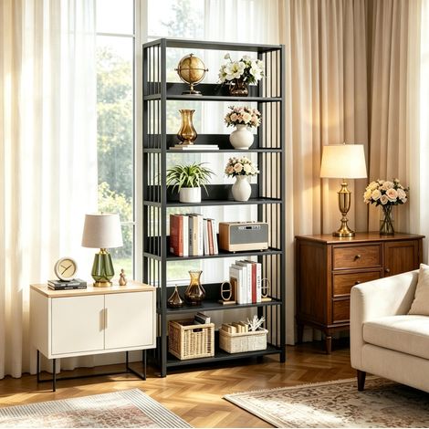 Étagère bibliothèque 80x30x190 cm en MDF et métal noir, gain de place pour salon FloraGrace (1/5)