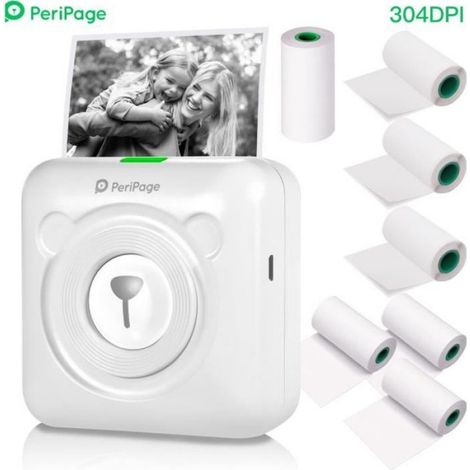 Nouveau Résolution - PeriPage A6 Mini Imprimante thermique HD 304DPI BT Fonction photo AR avec 7 rouleaux de papier thermique Blanc (1/4)