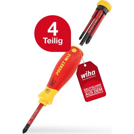 Wiha Schraubendreher Set gemischt PocketMax electric 4-tlg. mit verstaubarem Bit Set (45296) I Schraubenzieher Satz mit Bit Magazin aus slimBits für Elektriker I Schlitz / Kreuzschlitz / Plusminus