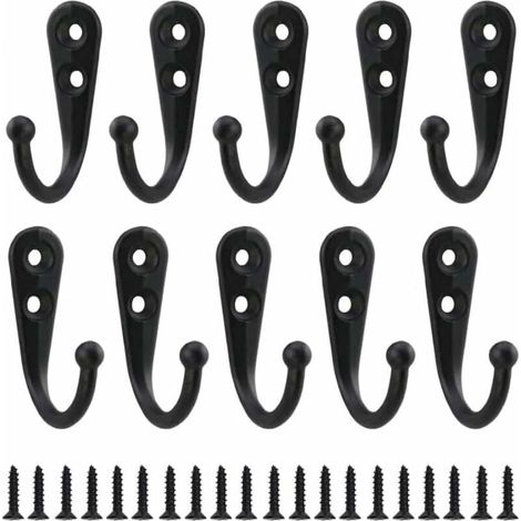 Lot de 10 crochets muraux rétro en métal noir, crochets à vis simples, style vintage, pour porte-manteaux, étagères, tiroirs, armoires, salle de bain, avec 20 vis. (1/4)