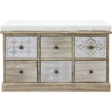 Mobili Rebecca – Banc de rangement beige 6 tiroirs – Assise rembourrée – Dimensions H 49 cm x L 77,5 cm x P 35 cm – Style shabby chic (1/5)