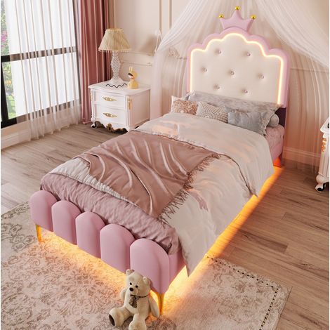 Cama tapizada Princesa 90x200 cm en PU rosa con somier de láminas y luz LED (1/5)