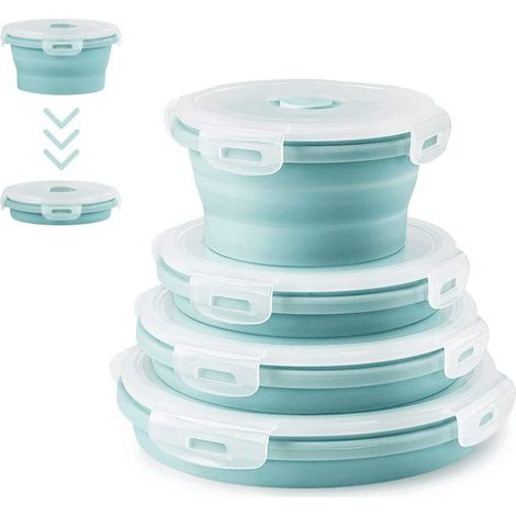 Boîtes de conservation pliables en silicone, avec couvercle hermétique, lot de 4 boîtes empilables, compatibles micro-ondes, réfrigérateur et lave-vaisselle, avec valve d'évacuation de l'humidité, san (1/5)