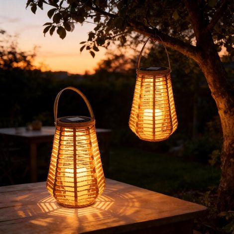 Lanterne Solaire Extérieur - Lot de 2 - Tressée Corde Chanvre - Éclairage LED Auto - Jardin Terrasse Salon - Hauteur 22,5cm (1/5)