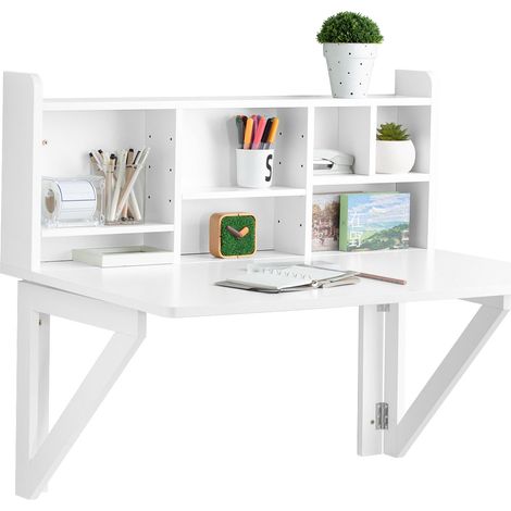 SoBuy Folding Wooden Wall-Mounted Drop-Leaf Table Desk Integrated with Storage Shelves,White ,FWT07-II-W