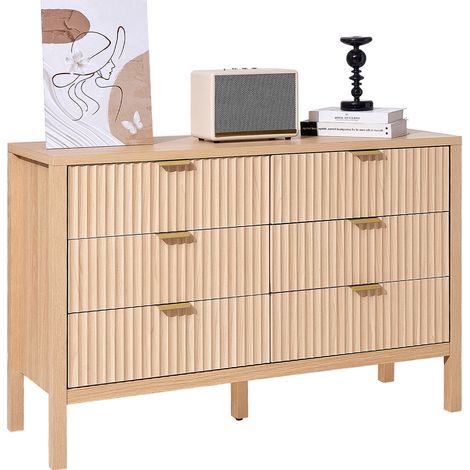 VEVOR Commode a 6 tiroirs canneles, meuble de rangement en bois avec systeme coulissant et anti-basculement, style minimaliste moderne, organisateur pour salon, couloir, chambre, entree, bois clair