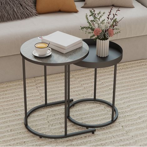 Lot de 2 tables d'appoint rondes en MDF et métal gris, gigognes gain de place (1/5)