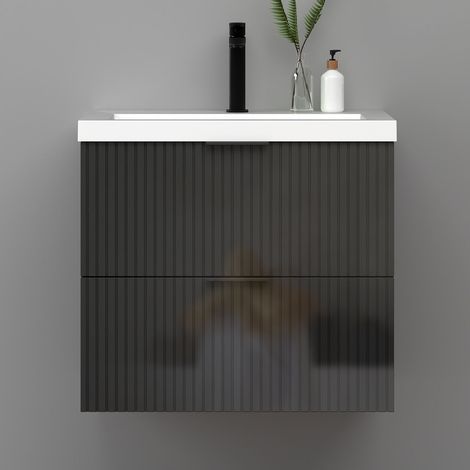 AICA Meuble de salle de bain suspendu Strié Brillant 60cm avec simple lavabo + 2 tiroirs, Anthracite