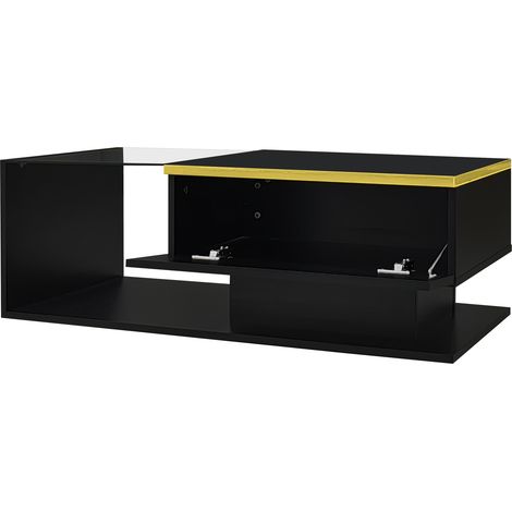 Couchtisch 90 cm schwarz glänzend mit Glasplatte und 16-farbigem LED (1/5)