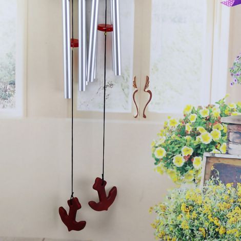 Carillon éolien décoratif en bois et tubes en aluminium, idéal pour une maison, une porte, une fenêtre ou un bateau (argenté et blanc). (1/4)