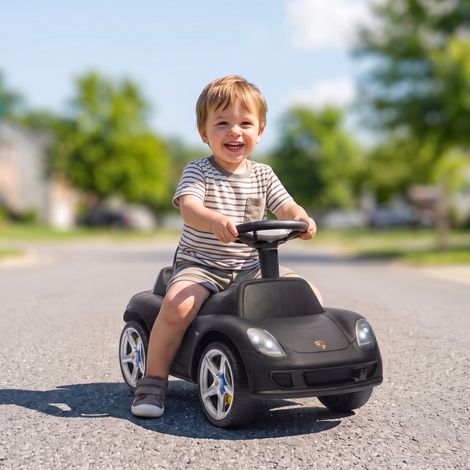 Voiture électrique Porsche pour enfants de 18 à 36 mois, avec klaxon, phares et bruits de moteur, noir mat. (1/5)