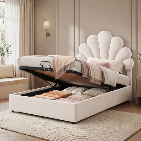 Base letto 90x200 cm in velluto beige con vano, per camera, senza materasso – MEUBLIV (1/5)