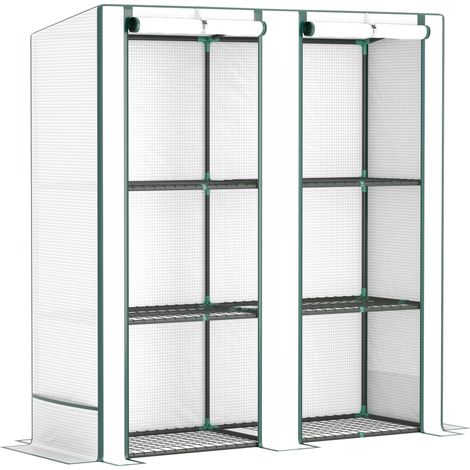 Invernadero de jardín con techo inclinado, doble puerta y estantes, acero blanco 144 x 48 x 152 cm (1/5)