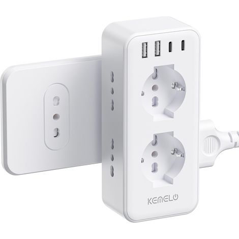 Multiprise murale avec 6 prises universelles 10/16 A ITA et Schuko, multiprise murale avec 2 USB A+2 USB C, prise électrique plate peu encombrante avec interrupteurs pour bureau, maison (1/5)