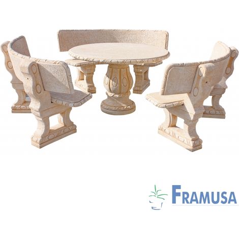 CONJUNTO COMEDOR PIEDRA CIRCULAR JARDIN CASTAÑO NATURAL CON RESPALDO OCRE