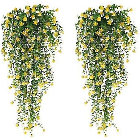 1/2 pièces de vigne de fleurs artificielles suspendues, résistantes aux UV, fausses plantes florales retombantes en plastique, lierre pour la maison, les mariages et l'intérieur2 pièces jaunes (1/5)