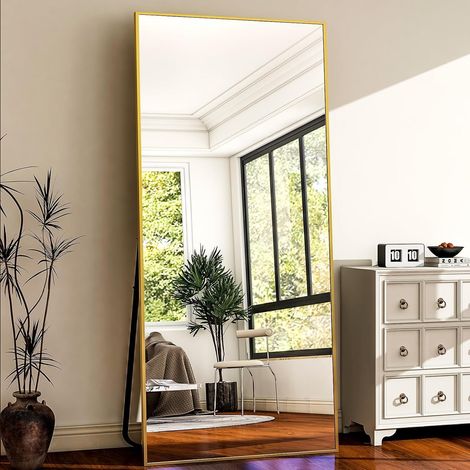 Koonmi – Miroir sur pied 198 x 89 cm – Cadre aluminium minimaliste – Miroir mural à poser ou suspendre – Design moderne pour salon et chambre