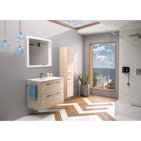 Geberit – Ensemble de meubles de salle de bain avec lavabo slim 80 cm – 2 tiroirs à fermeture ralentie – Éclairage LED intégré – Finition chêne