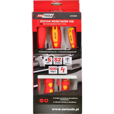 Juego de Destornilladores VDE AWTOOLS S2 5 piezas, herramientas aisladas de alta calidad, ideales para trabajos eléctricos, duraderos y resistentes, perfectos para proyectos de seguridad (1/2)