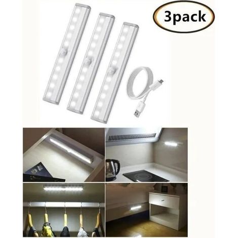 3pcs Lampe Détecteur de Mouvement, Lampe de Placard, USB Rechargeable Veilleuse LED,10 LED Lampe Escalier-Blanc,pour Cabinet Pende (1/4)