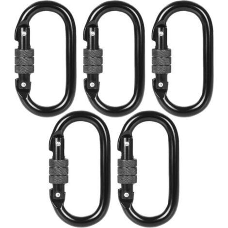 Set mit 5 schwarzen Edelstahl-Kletterkarabinern – 20 kN (2000 kg), ovaler Stahlkarabiner mit Schraubverschluss, schwarzer Militärkarabiner, Tragfähigkeit 2000 kg