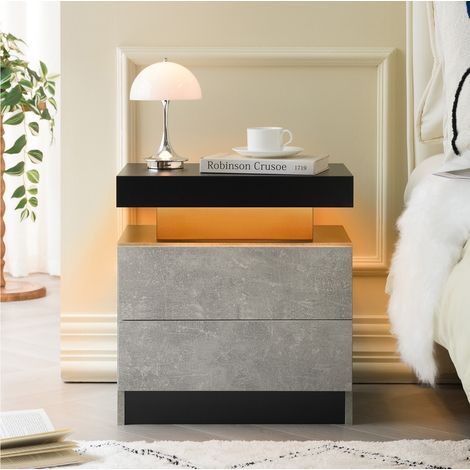 MEUBLIV Mesita de noche gris con LED regulables, 2 cajones, 59 x 45 x 20 cm (1/5)
