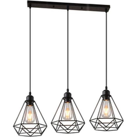 3 Luces Lámparas Colgante Vintage, Lámparas de Techo Industrial Metal Iluminación de Techo E27 en Estilo Jaula Geométrica, Negro, 20cm (1/5)