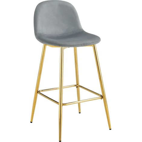 Lot 2 Tabourets de Bar Scandinave Velours Gris Pieds Gold 47,5x43x100cm