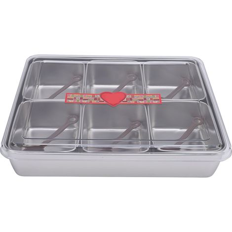 Divided Serving Tray with 6 Spoons 6 Compartments Large Capacity Divided Condiments Box for Fruit Stainless Steel (1/5)
