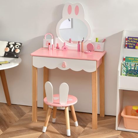 COSTWAY Set Mesa Tocador y Silla para Niños, Set Tocador Infantil con Espejo, Cajones, Mesa de Maquillaje (Rosa) (1/5)