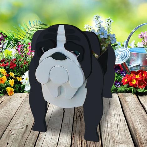 Maceta de PVC con forma de perro, grande, decorativa para exterior, con canales de drenaje, ideal para jardinería (Bulldog, negra) (1/4)