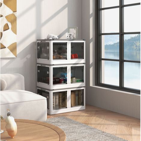 Boîte de rangement 60x42x34 cm blanche en plastique pliable avec roulettes et accès 5 côtés (1/5)