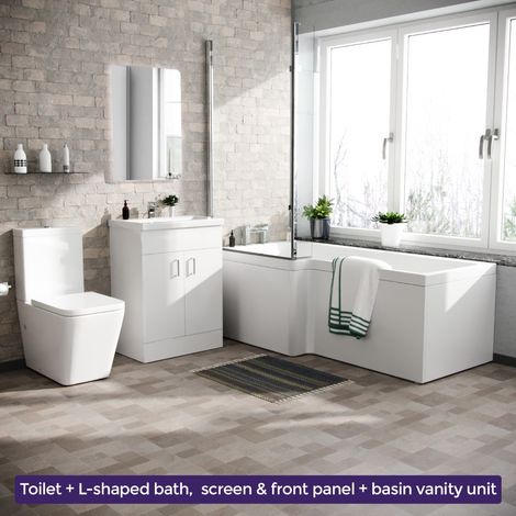 Cann L-Shaped Left Handed Bath Set, Close Coupled Toilet, 600mm Floor Standing Vanity Basin Unit White Suite (1/5)